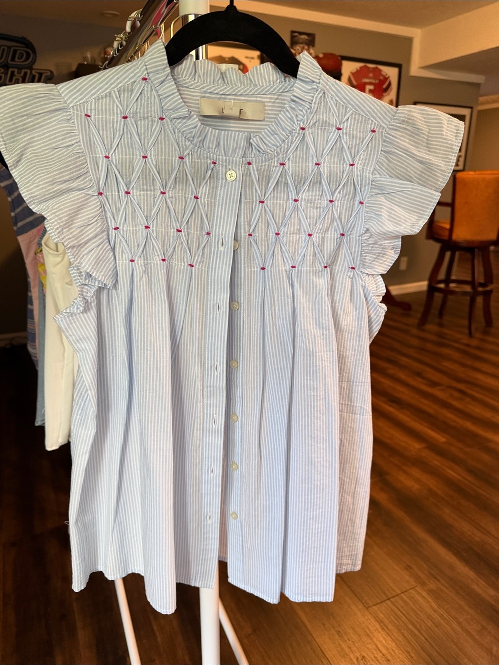 LOFT Light Blue and Pink Smocked Flutter Sleeve Button-Front Blouse